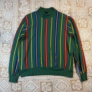 Vtg Aileen 80s Mock Neck Longsleeve Shirt Green Colorblock Vertical Stripe USA M